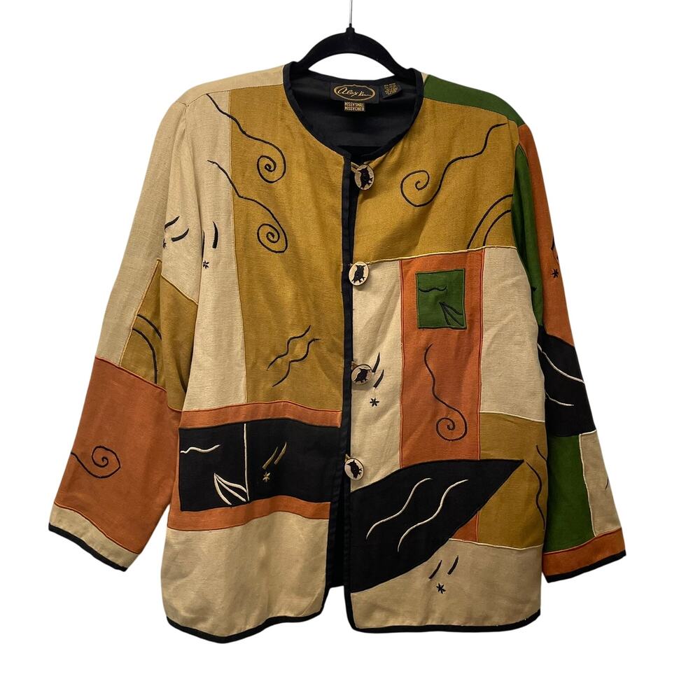 Alex Kim Womens Jacket Blazer Art Deco Owl Buttons Brown Small Patchwork
